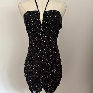 Reformation Black with the white polka dot ruched sides dress